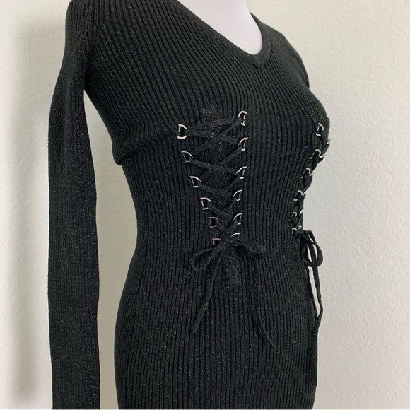 Guess Metallic Ribbed Knit Lace Up Corset Bodycon Dress Retro Y2K - Picture 9 of 12